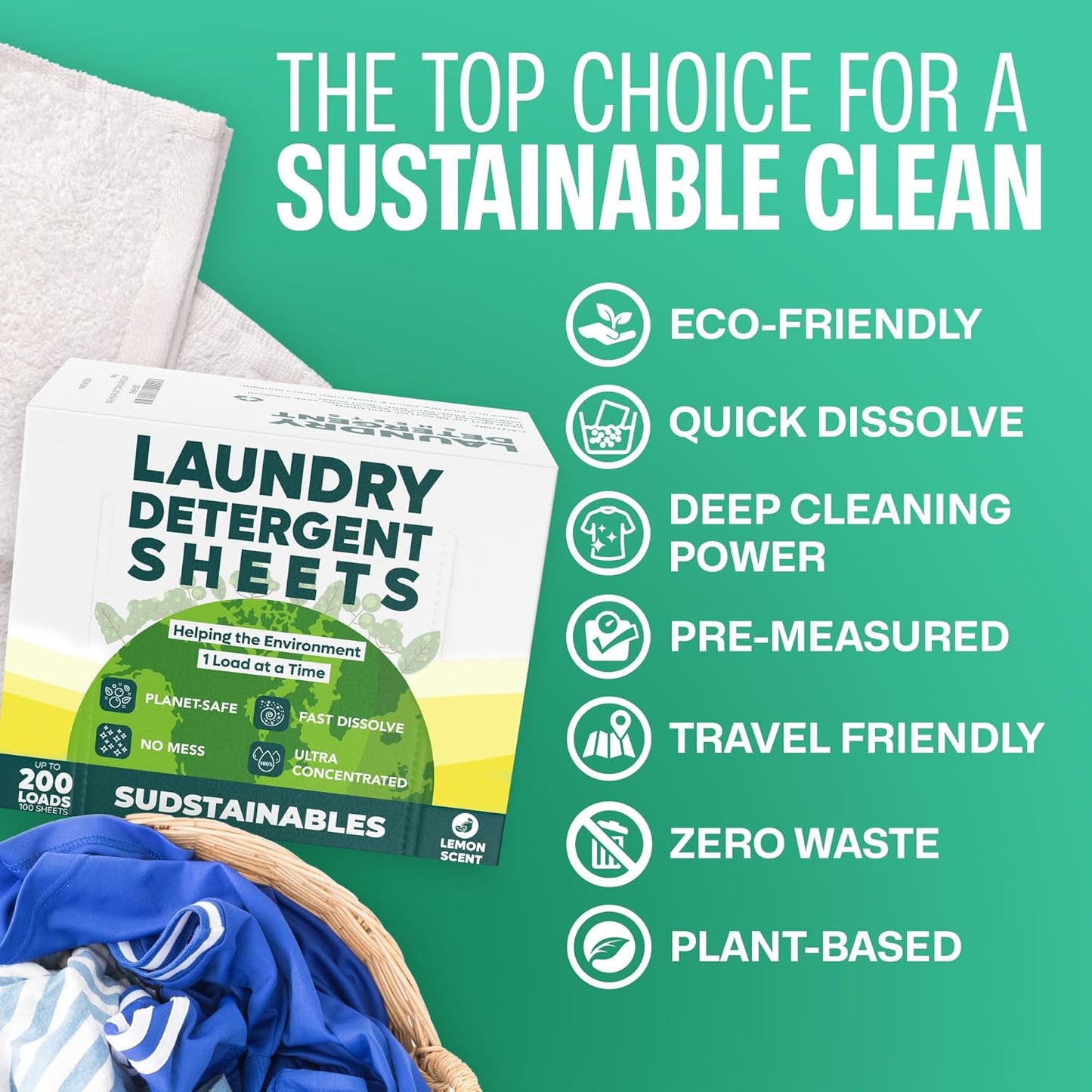 Sudstainables Laundry Detergent Sheets (200 Loads) – Eco-Friendly, Zero Waste, Plastic-Free Laundry Washing Machines Soap Sheets; Dissolvable, Space-Saving Strips for Travel (Lemon)