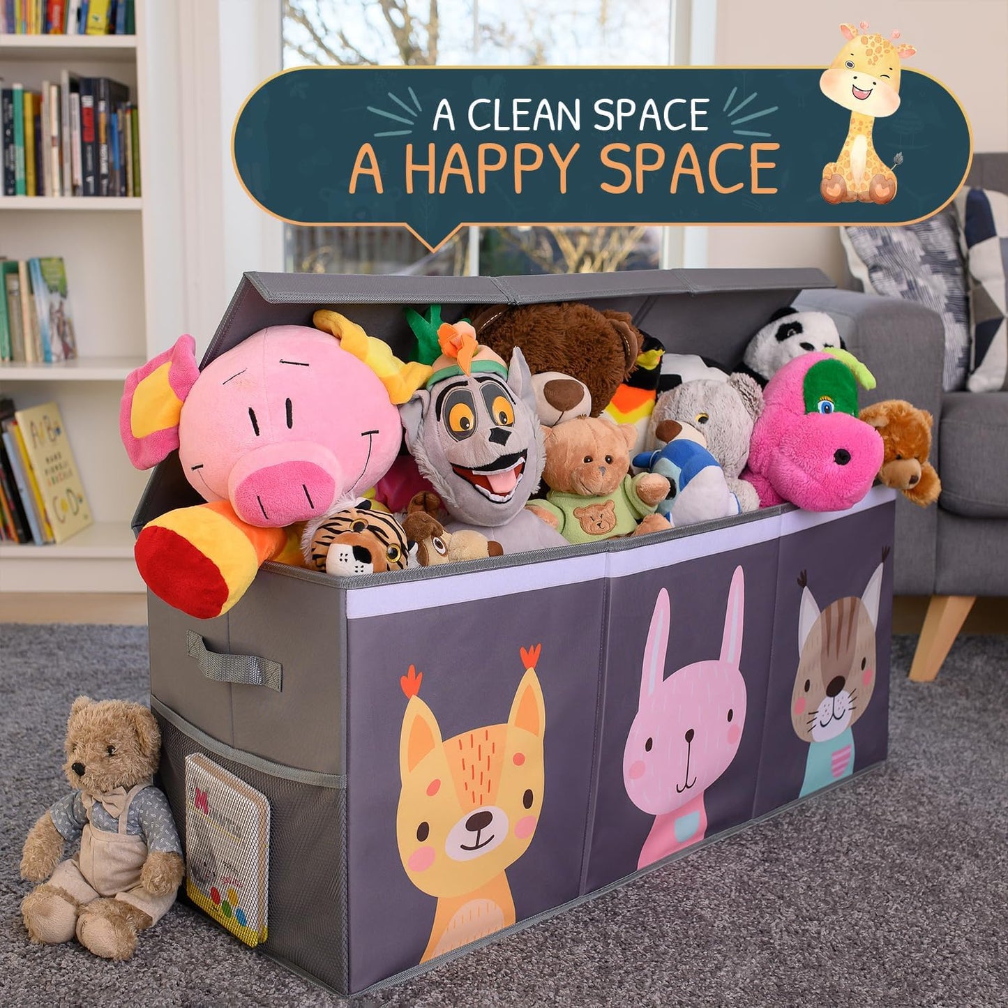 Extra Large Toy Storage Organizer with Lid - Sturdy, Collapsible Toy Chest Storage Box with Cute Design - Toys Bin with Dividers for Kids, Boys, Girls, Nursery, Bedroom, Play room 37"x16"x14"