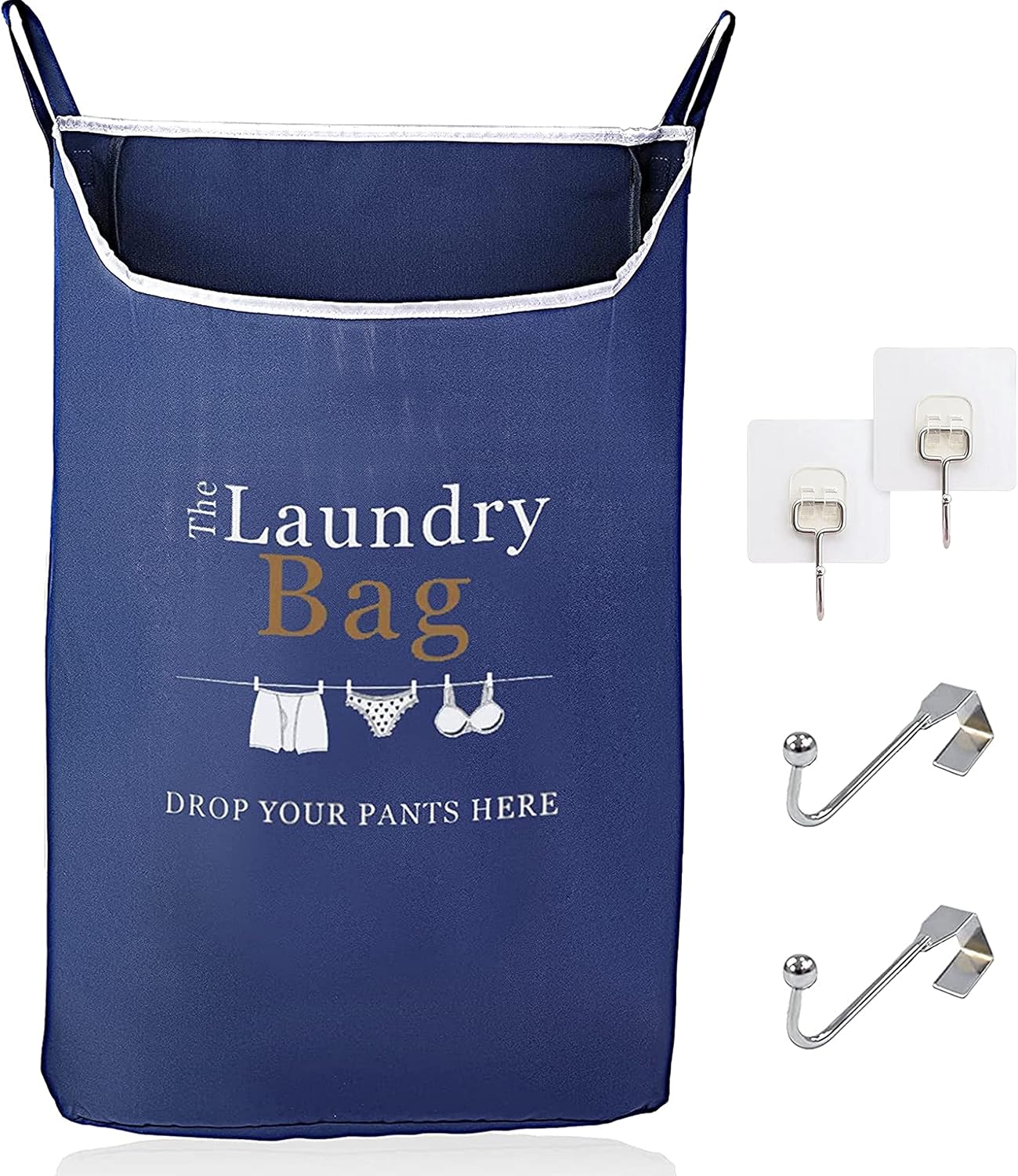 Fine Living Co. Large Hanging Laundry Hamper with Over Door Hooks & Adhesive, Durable Space Saving Laundry Bag with Zipper and Wide Open Top, Hanging Dorm Laundry Hamper (Navy Blue with Print-XL)