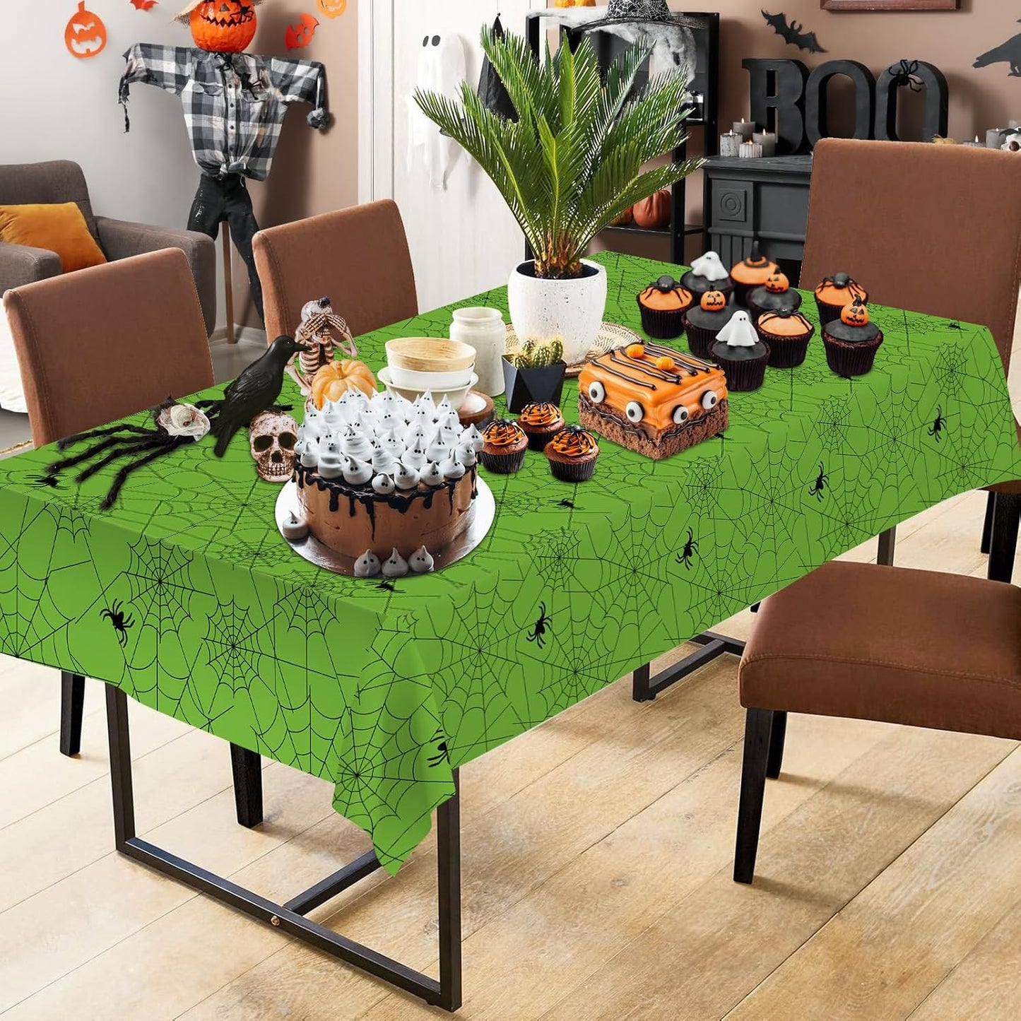 2 Pcs Halloween Tablecloth - Plastic Halloweens Spider Webs Table Cloth, Green Disposable Rectangle Spiderweb Table Cover for Halloween Party Decorations Supplies Favors Tables Decor, 108 x 54 Inch