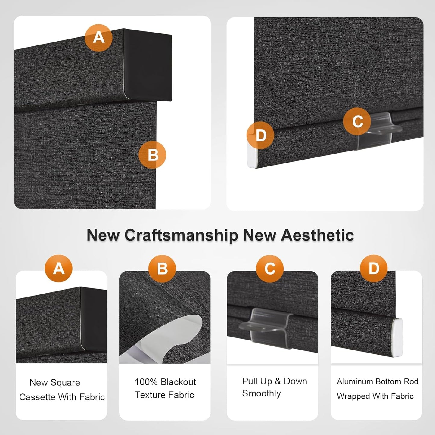 Persilux Free-Stop Cordless Blinds for Indoor Windows with Cover, Window Shades Blackout Roller Blinds, Thermal Insulated Fabric UV Protection for Kitchen, Office, Living Room, Black(40" W x 72" H)