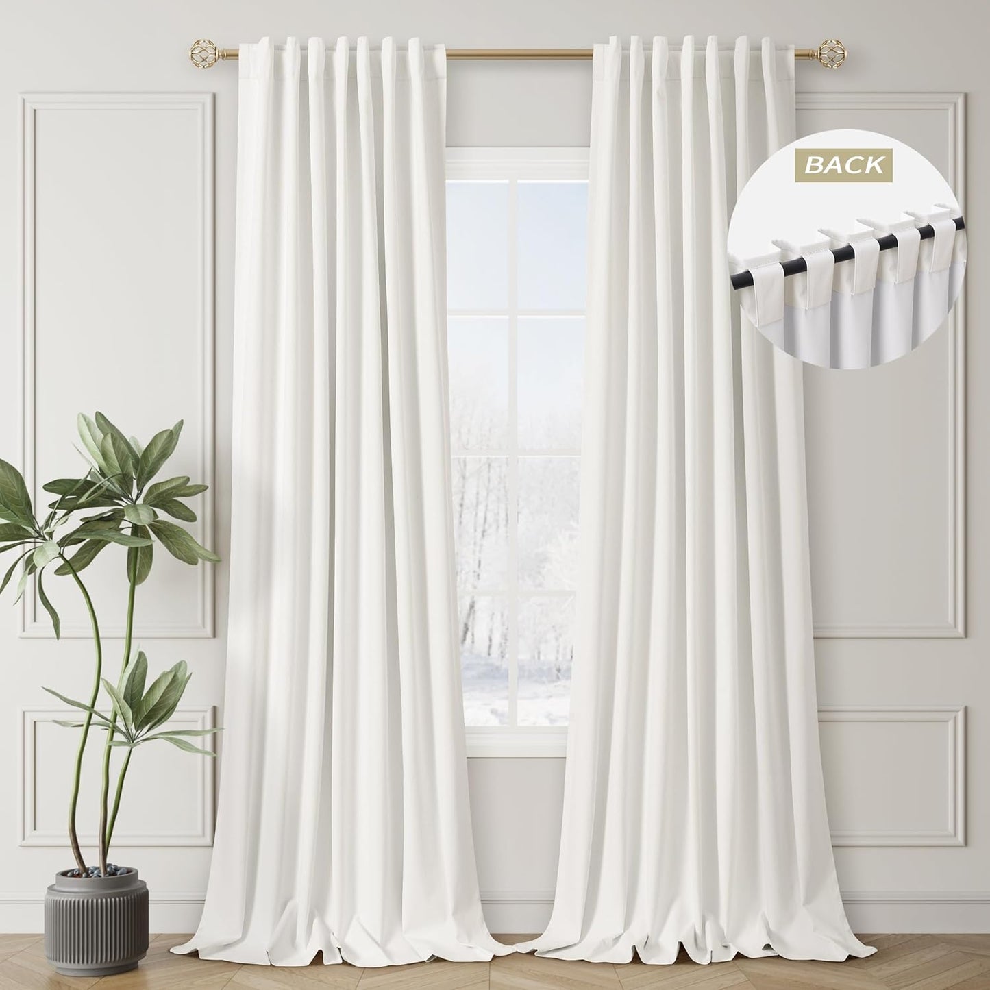 Natural Linen Blackout Curtains Thermal Insulated 120 Inch 100% Complete Black Out Window Curtains Back Tab Ivory Linen Textured Neutral Farmhouse Living Room Darkening Drapes High Ceiling Length