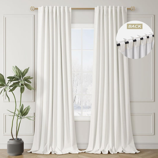 Natural Linen Blackout Curtains Thermal Insulated 120 Inch 100% Complete Black Out Window Curtains Back Tab Ivory Linen Textured Neutral Farmhouse Living Room Darkening Drapes High Ceiling Length