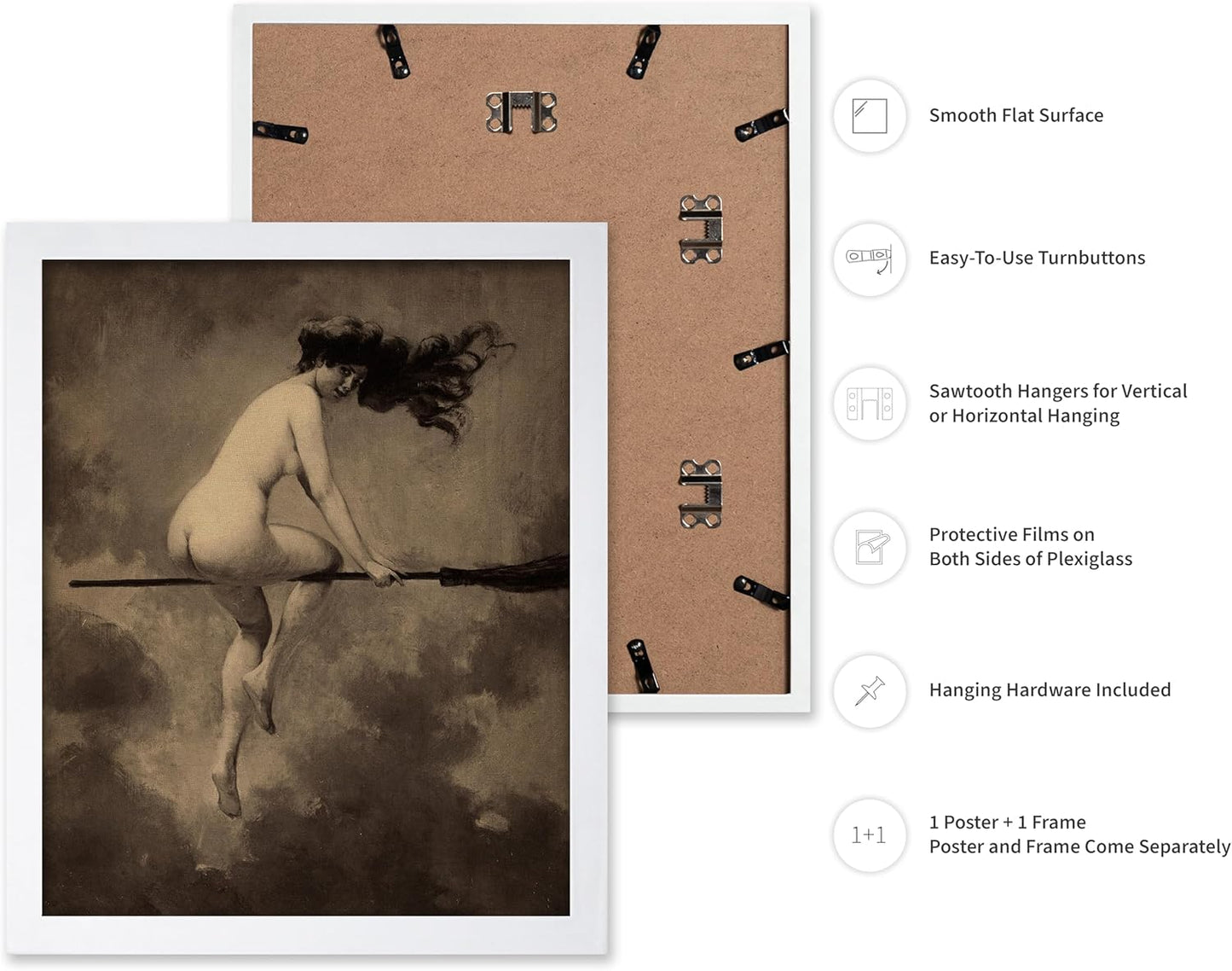 Poster Master Vintage Albert Joseph Penot Poster - Retro Halloween Print - Gift for Artist, Friend - Departure for the Sabbath, Naked Witch on Broom - Wall Decor for Bedroom, 16x20 White Framed