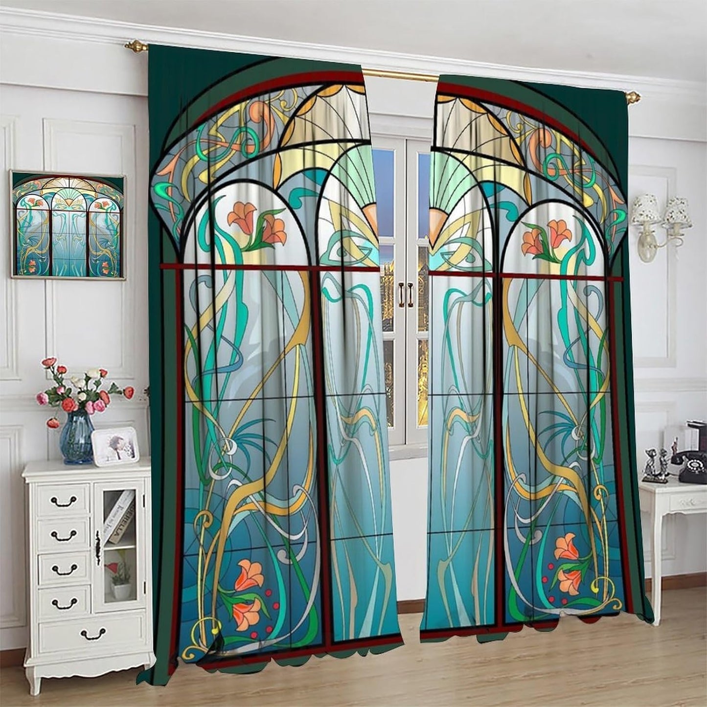 Stained Glass Curtains, Retro Mid Century Boho Abstract Art Home Decor Drapes for Bedroom Living Room Kitchen Window Treatment 2 Panels Set Total Size 42" W X 45" L Inch
