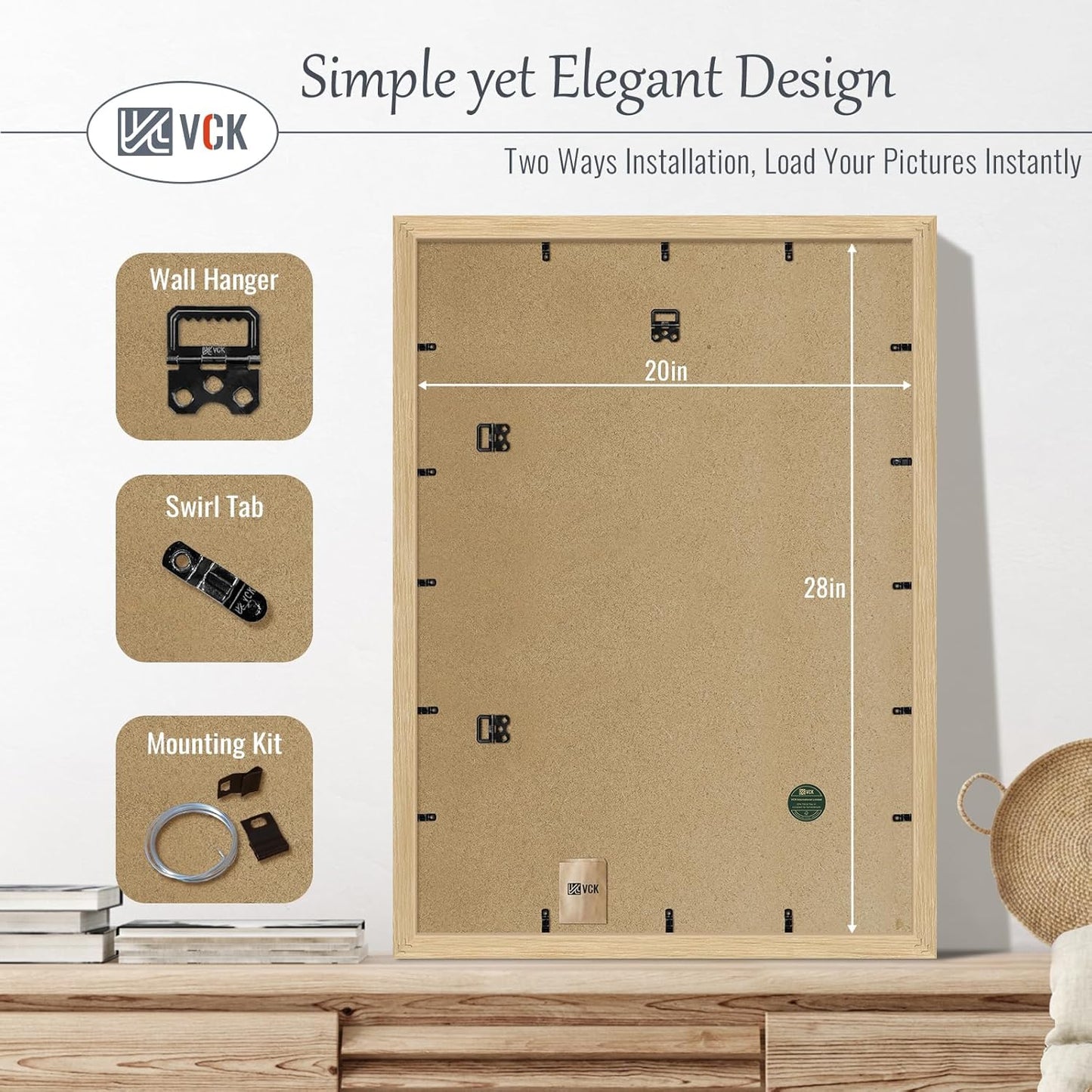 VCK 20x28 Picture Frame Set of 3 - Oak, Natural Solid Wood Poster Frames, Wall Mounting Hanging