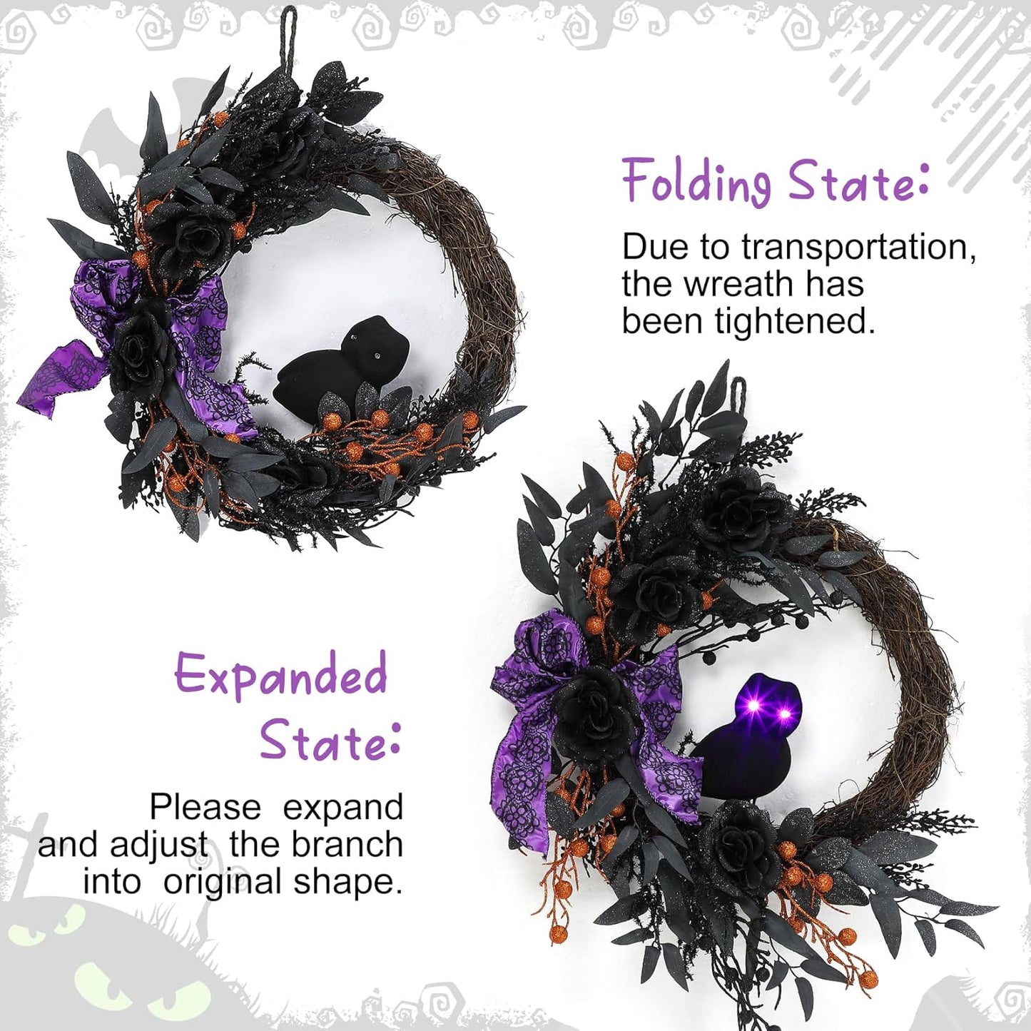 22 Inch Halloween Wreath with Lighted Eyes, Black Prelit Wreath with Artificial Roses, Willow Leaves, Ribbon for Indoor/Outdoor Home Decor