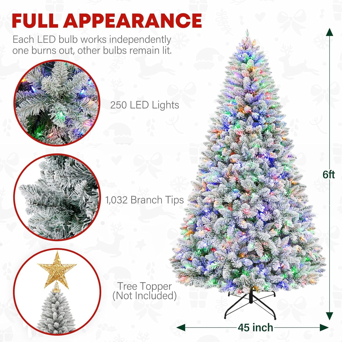 6ft Lighted Artificial Christmas Tree, 250 Multicolor LED Lights, Snow Flocked Christmas Tree with 1032 PVC Tips, Metal Base & Hinged Branches for Holiday, 10 Modes