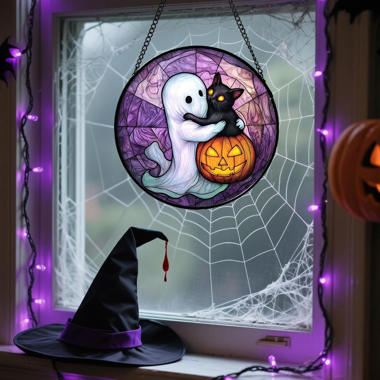 Stained Glass Window Hanging - Halloween Decorations Ghost Black Cat Pumpkin Suncatcher for Door Garden Spooky Purple Sun Catchers Gothic Decor Horror Gifts for Women Men Friend Boy 6.3 in