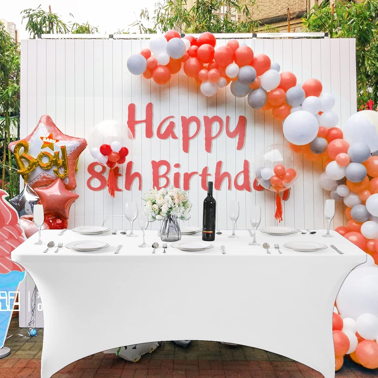 SuperO 2Pack Waterproof Spandex Table Cover for 8FT Table Universal Fitted Stretch Tablecloth for Party, Banquet, Wedding and Events-White