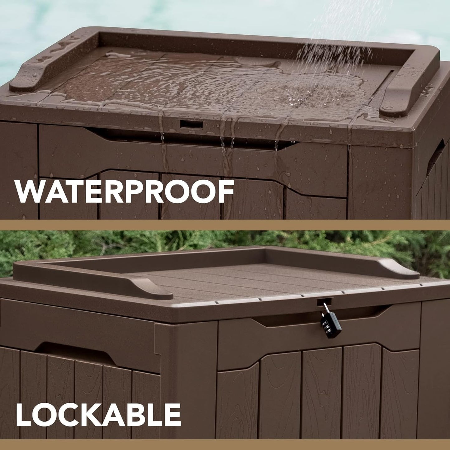 Devoko 30 Gallon Resin Deck Box Outdoor Indoor Waterproof Storage Box for Patio Furniture Pool Accessories Storage for Cushion Garden Tools (30 Gallon, Brown)