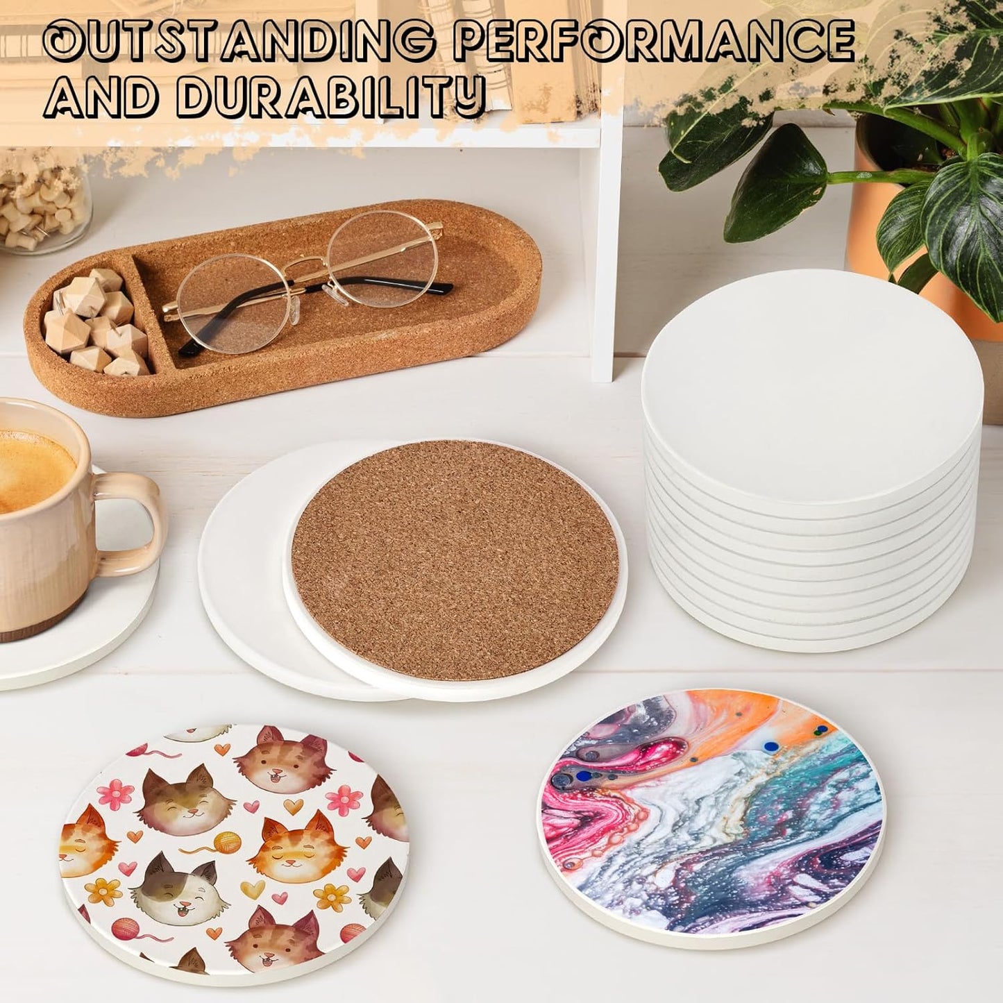Ceramic Tiles for Crafts, GOH DODD 24 Pack Unglazed Blank Coasters with Cork Backing for Alcohol Ink Painting Acrylic Pouring Art Projects Housewarming Gifts Wedding School Education, Round, 4 Inch