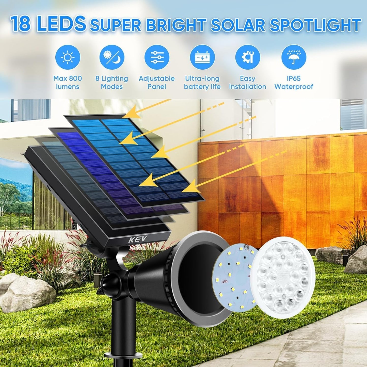 KEV Solar Spot Lights Outdoor,18 LEDs Color Changing RGB Solar Flood Lights with 8 Modes &IPX65 Waterproof,Halloween Solar Spotlight for Driveway/Backyard/Landscape/Tree(Multicolor,2 Pack)