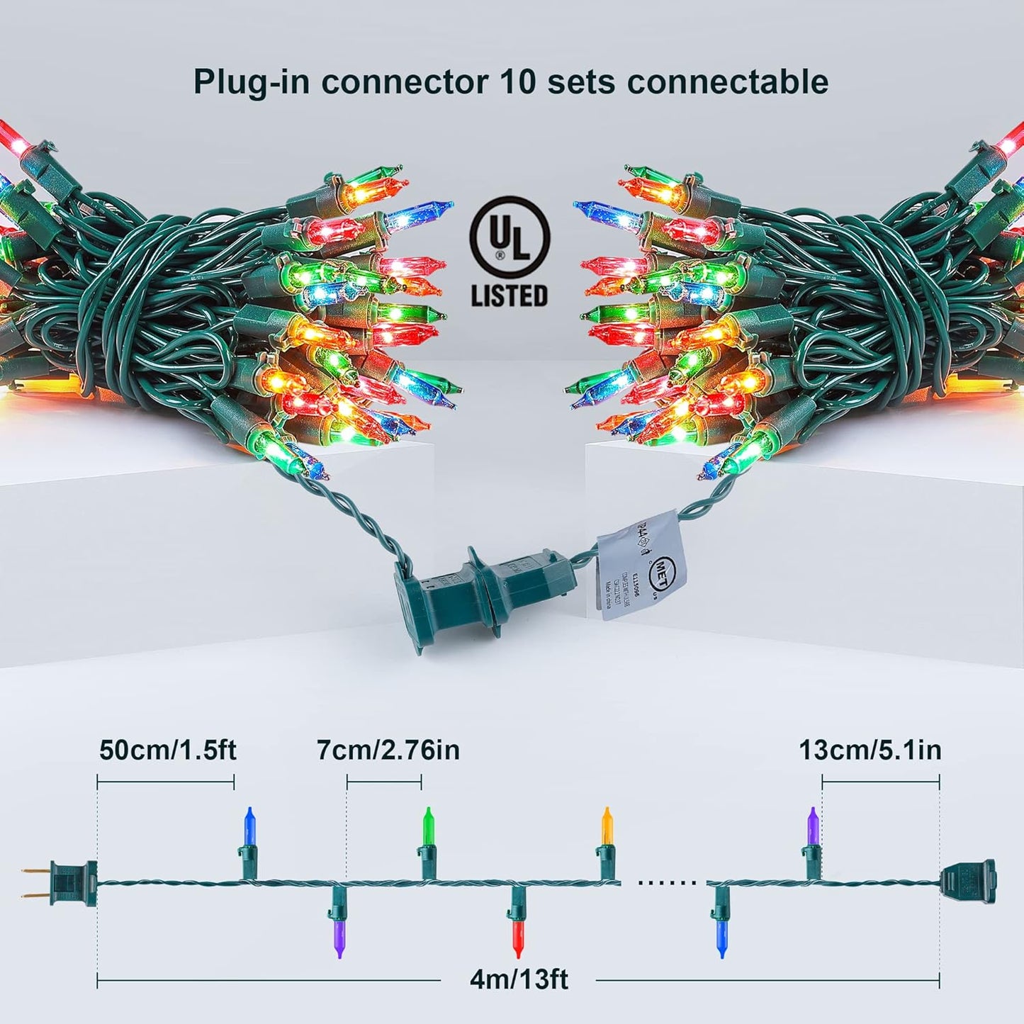 50-Count Multicolor Christmas Lights with Green Wire,Mini String Lights for Holiday Decorations, Christmas Tree Lights, Holiday Party, Wedding, Xmas, Home, Indoor & Outdoor Use (13ft Long)