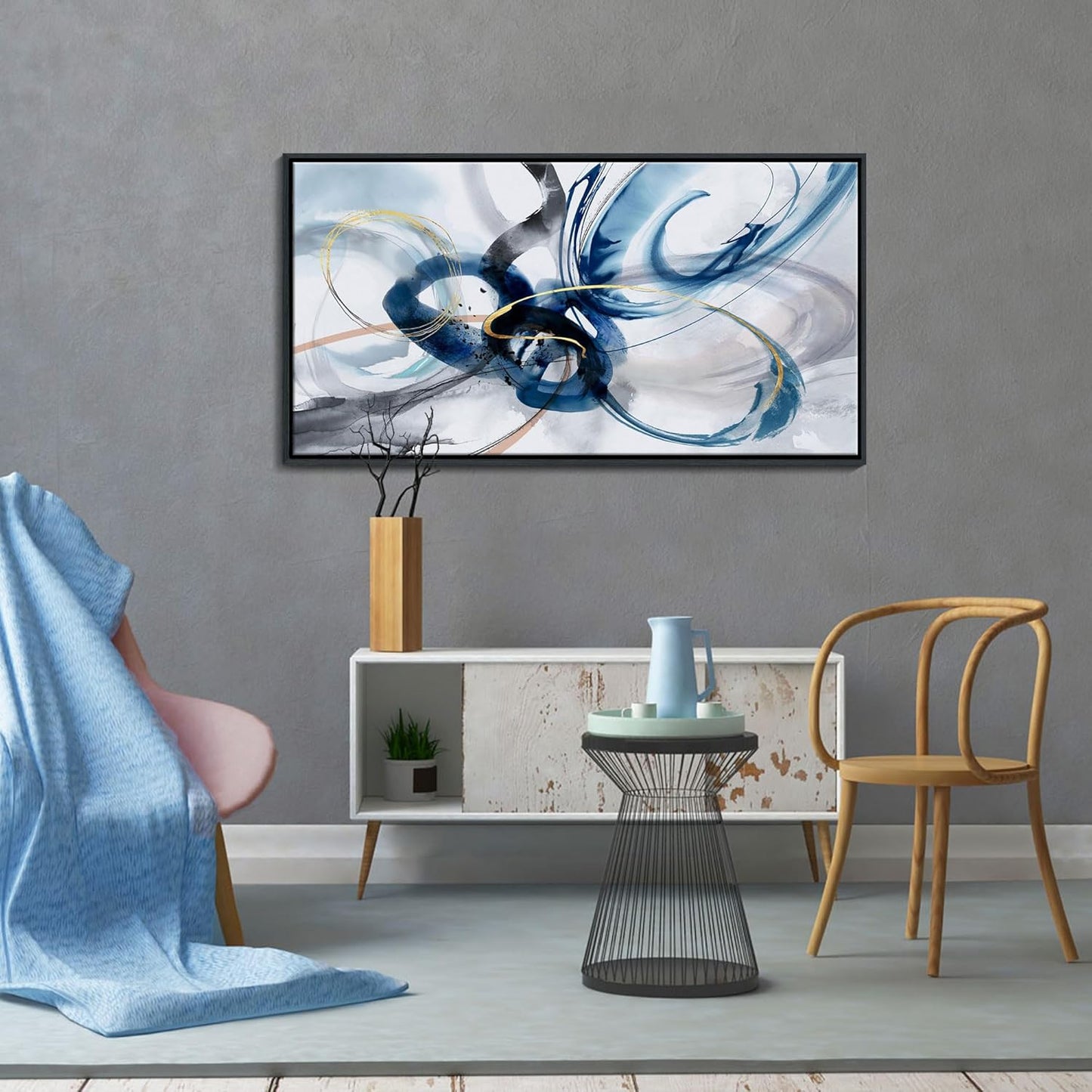 KLAKLA Modern Abstract Canvas Wall Art - Frame Wall Decor Living Room Picture Artwork for Office Bedroom Blue and White Decorative Paintings