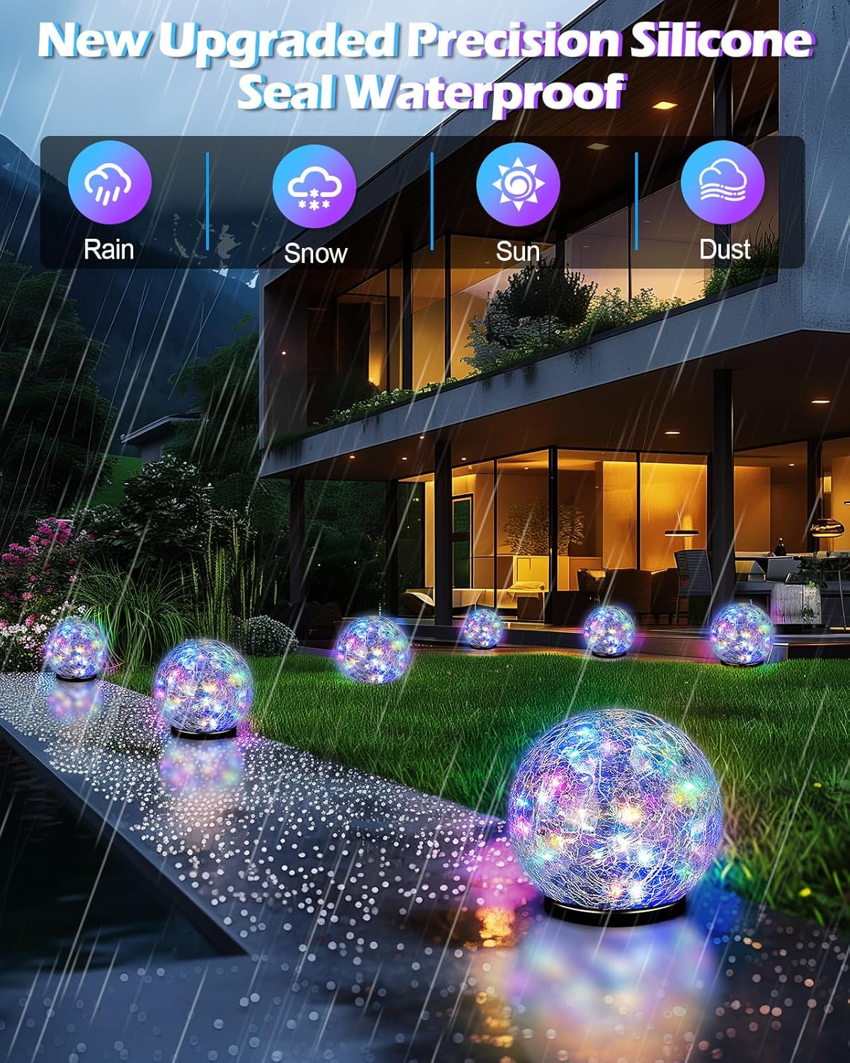 Garden Solar Ball Lights Outdoor Waterproof, 30 LED Cracked Glass Globe Solar Power Ground Lights for Path Yard Patio Lawn, Christmas Decoration Landscape Colorful (2 Pack 3.9'')