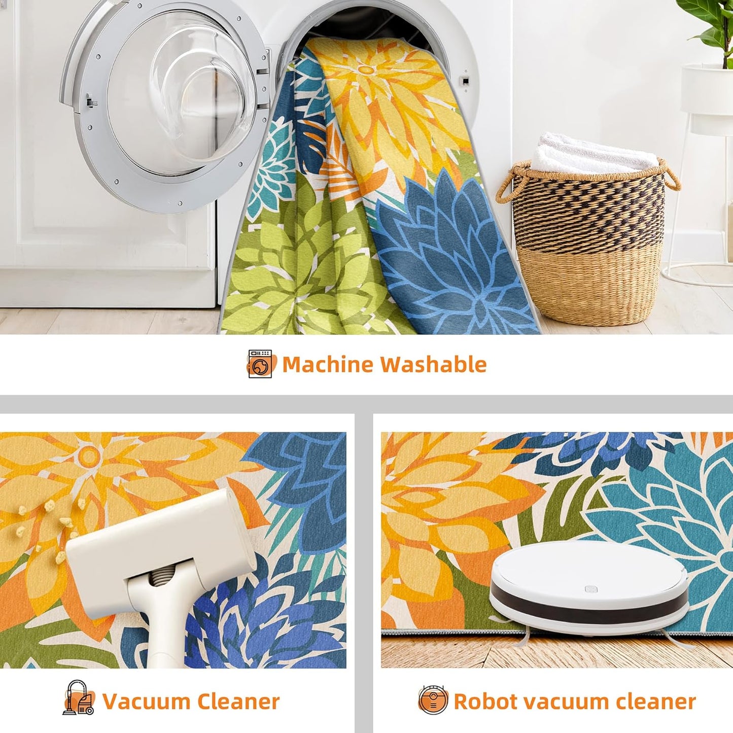 Indoor Outdoor Area Rug Washable Multicolored Patio Rug Tropical Botanical Modern Floral Indoor Outdoor Carpet Non Slip Yellow Green Rug Non Shedding for Patio, Deck, Backyard, Porch (5x8)