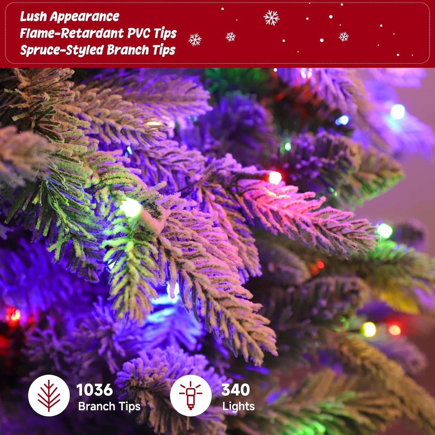 6.5ft Pre-lit Artificial Christmas Tree with Remote, Snow Flocked Xmas Trees Rotating & Foldable Stand, RGB & Warm White Light for Home Decor