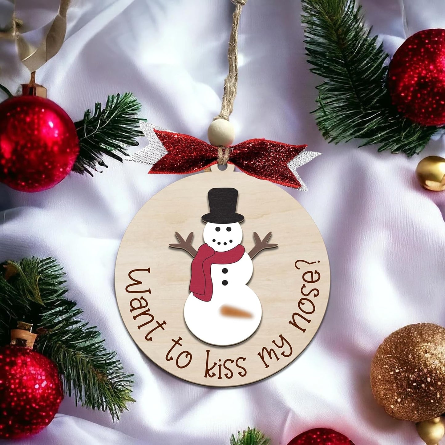 Funny Christmas Ornament – Adult Humor Snowman “Want to Kiss My Nose?” Wooden Round Tree Decoration, Hilarious Gag Gift for White Elephant, Secret Santa Exchange(L15)