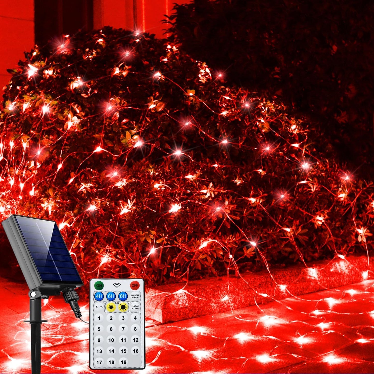 Solar Net Lights Outdoor Mesh Lights Red, 200 LED Net Lights Christmas, Waterproof 19 Modes Timer Tree Wrap Lights for Fence, Garden, Yard, Bushes, Trunk, Halloween Decor-9.8ft x 6.6ft