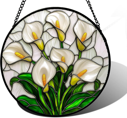 Stained Glass Window Hanging, White Calla Lily Suncatcher Diamond Glass Panel Hangings Flowers Sun Catchers Decor for Birthday for Women, Men, Wife, Aunt, and Mom 6.3 in