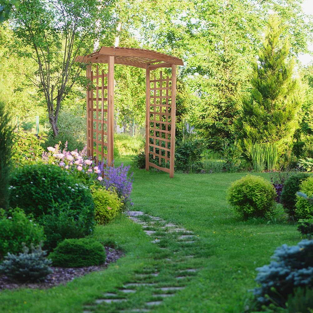 All Things Cedar PA96-Set 6-ft Cedar Garden Pagoda Arbor with Side Planters | Wedding Arch for Ceremony | Wood Trellis for Outdoor & Plant Climbing | Handcrafted (Western Red Cedar)