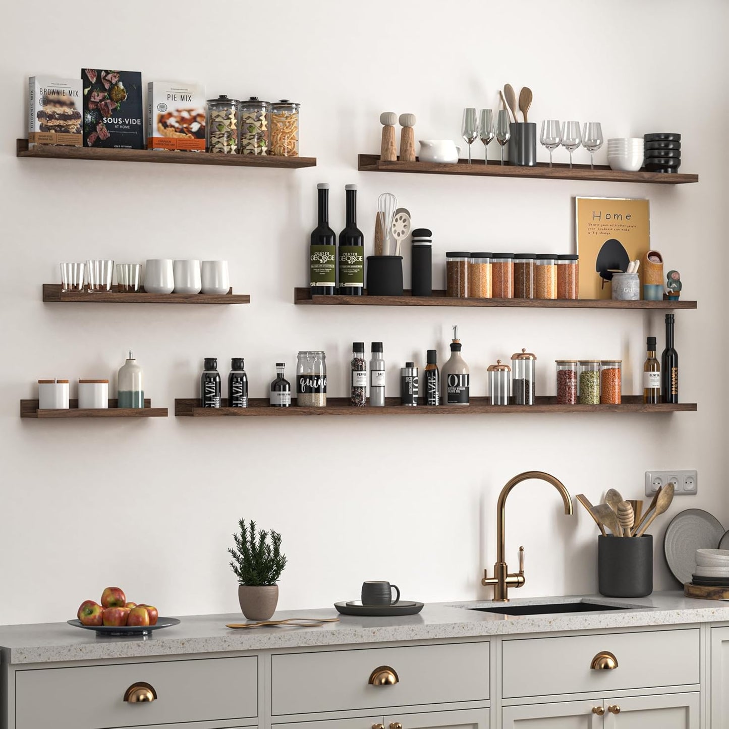 Heimlove Picture Ledge Shelf, Floating Shelves Set of 2, 56 Inches Picture Shelf for Wall with Ledge, Kids Bookshelf Wall Mounted for Living Room Bedroom Decor Books Photo Frames, Walnut