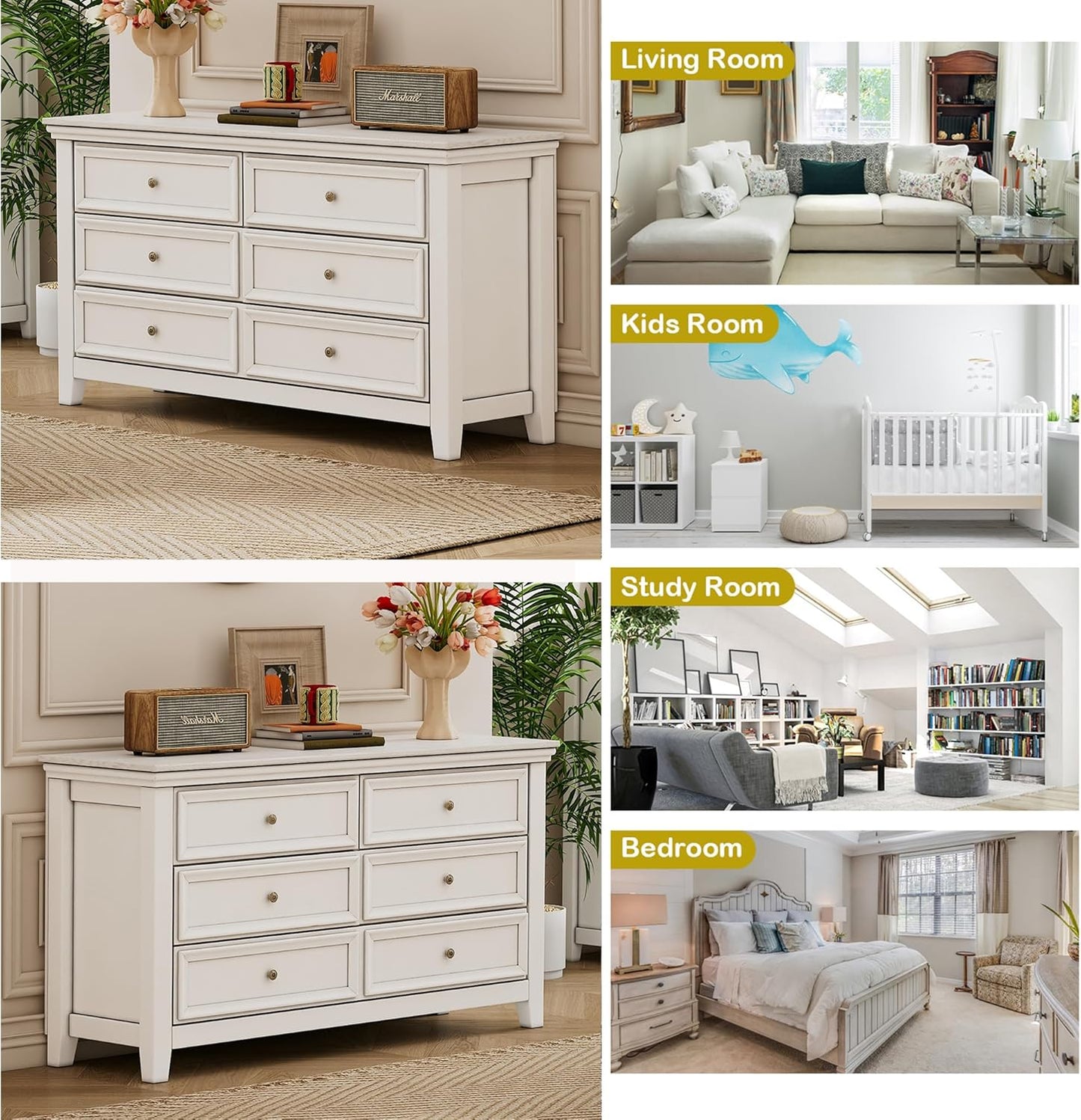 BLANKSPACE White 6 Drawer Dresser, Modern Dresser for Bedroom, Wood Drawer Organizer with Metal Knobs, Large Capacity Cabinet for Bedroom, Hallway