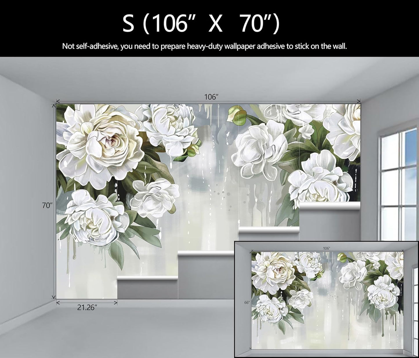 Vintage Floral Wallpaper Bedroom Hand-Painted White Peonies Flowers Wall Mural Children's Room (Not Peel and Stick)
