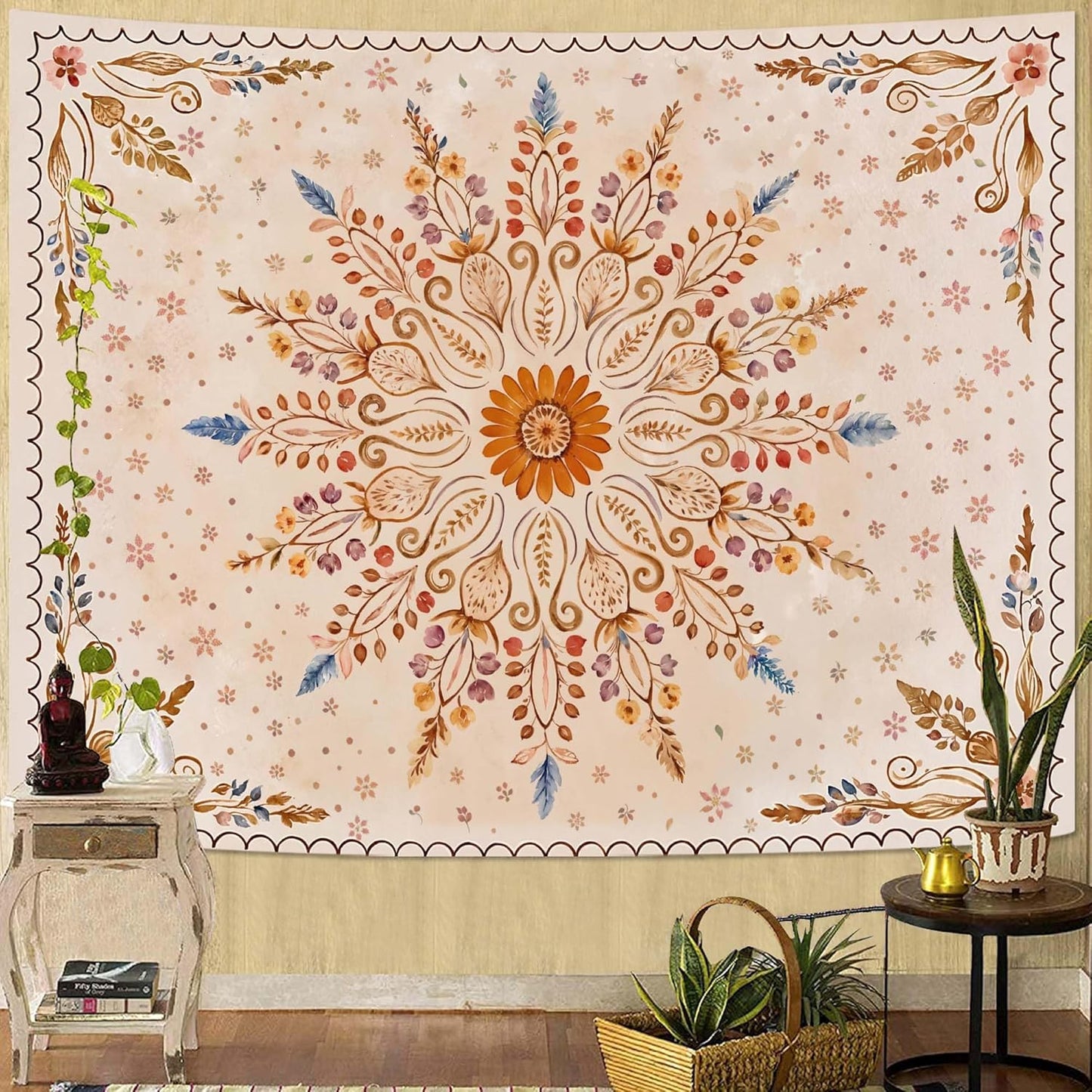 Fowocu Boho Floral Mandala Tapestry for Bedroom Aesthetic Watercolor Bohemian Flower Wall Tapestry Brown Beige Hippie Indian Tapestries Wall Hanging for Living Room Dorm Decor 60 x 44 Inch