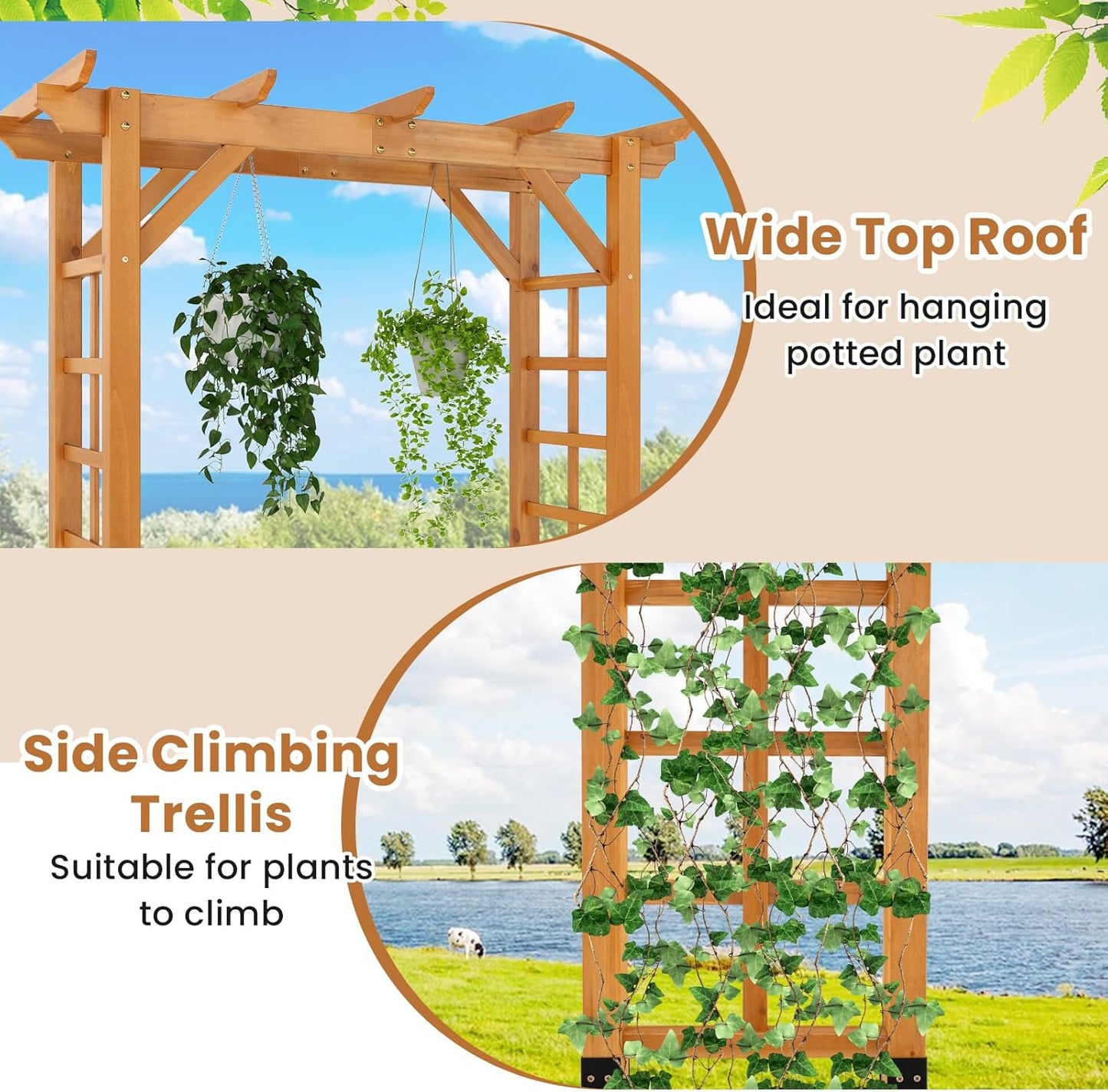 Giantex 7FT Wood Garden Arbor Trellis, Wooden Wedding Arch for Ceremony Party, Outdoor Archway Pergola for Climbing Plants, Pathway, Yard, Garden Decor, Easy Assembly (Honey Brown, 55''W x 85''H)