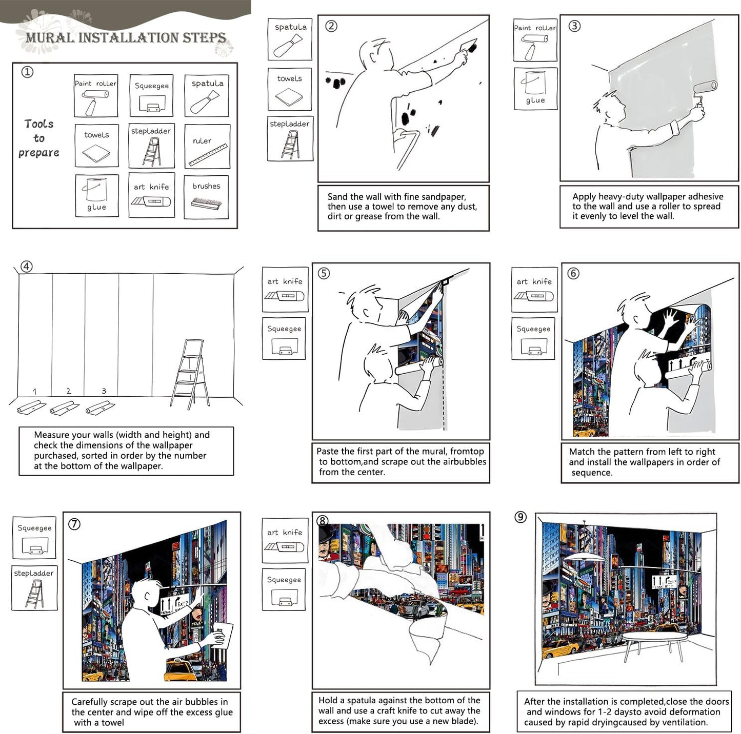 AFZEVEB-Hand-Painted New York City Wallpaper Wall murals for Bathroom 114"x74" (Not Peel and Stick)