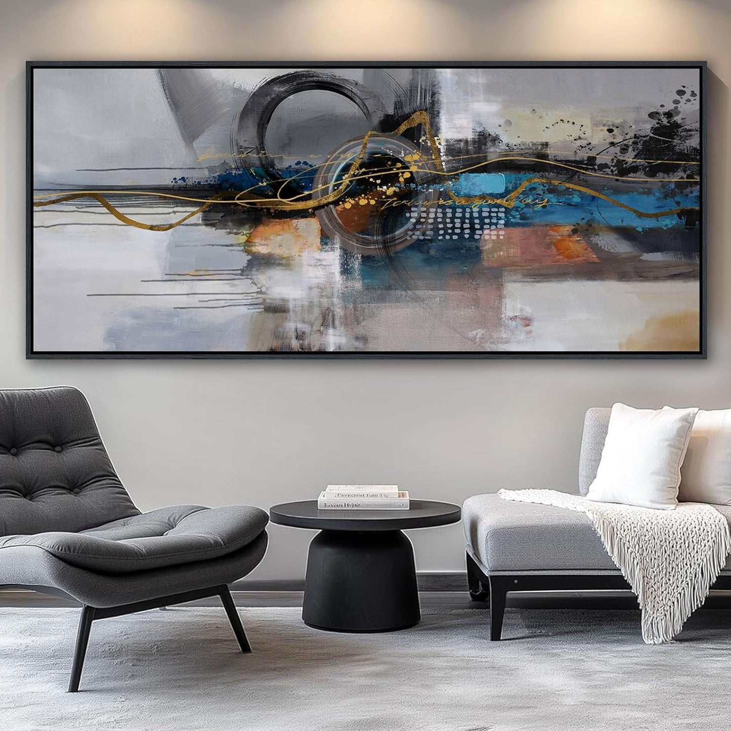 XLSJERST Large Abstract Frame Wall Art - Black and Blue Cnavas Framed Artwork for Walls Modern Minimalist Boho Gray Pictures Wall Decor for Living Room Bedroom Office Home Decoration 86x39 Inches