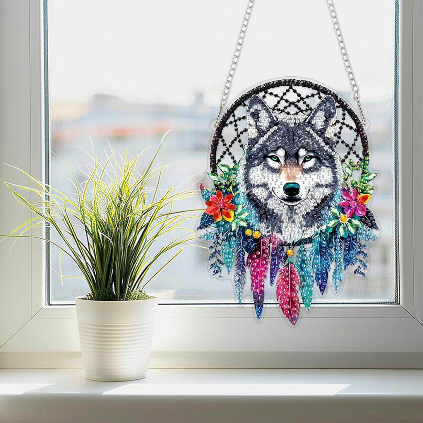 SENQAO Wolf Diamond Art Hanging Kit for Adult, Special Shaped Rhinestone, Double Sided DIY Acrylic Diamond Art Painting Window Pendants Home Garden Wall Hanging Kits Hanging Ornament (Dream Catcher)