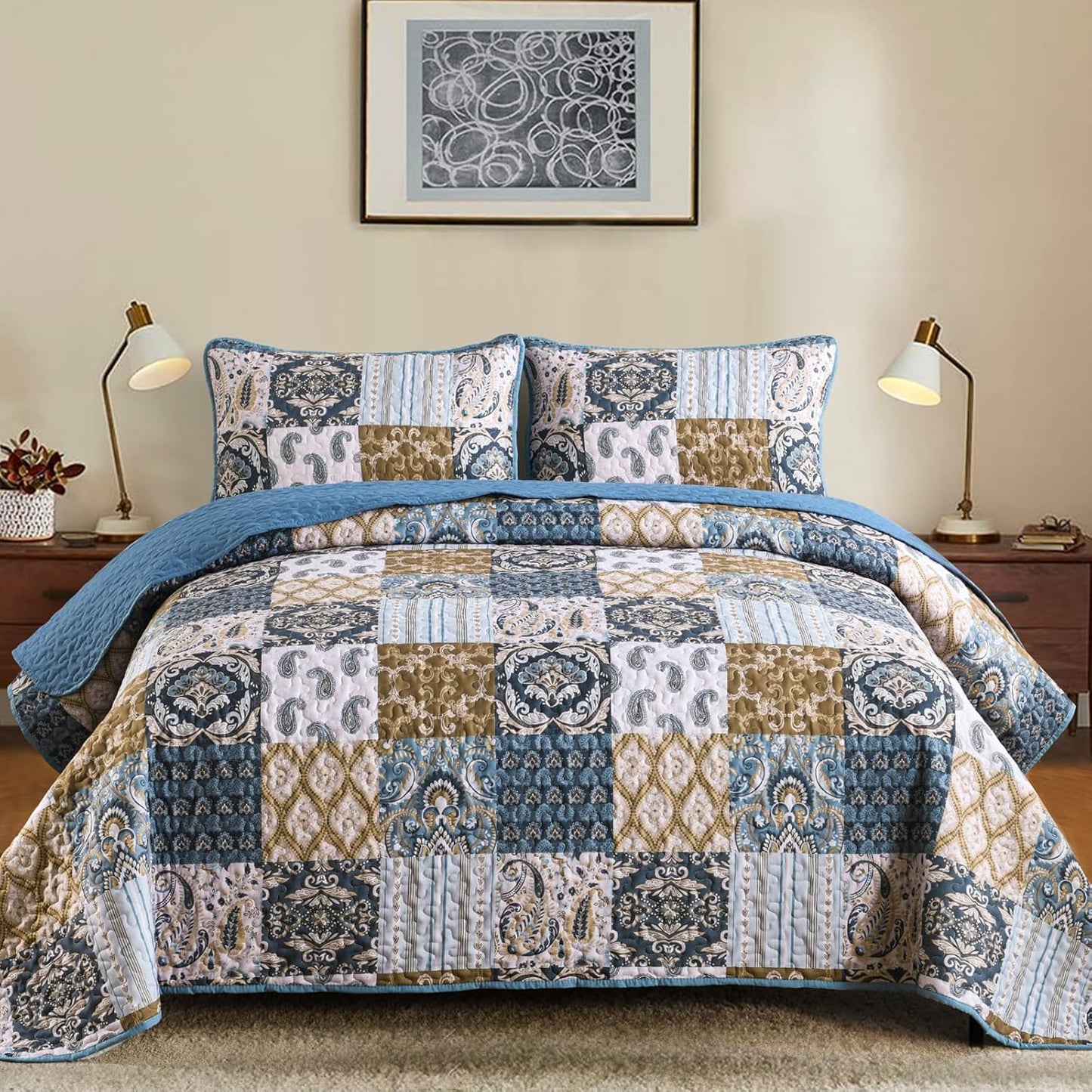 WONGS BEDDING Boho Quilt Set Queen Size, Blue Patchwork Plaid Bedspread Bedding Sets Paisley Soft Microfiber Quilts for Queen Bed 3 Pieces Coverlet Set for All Season (96"x90")