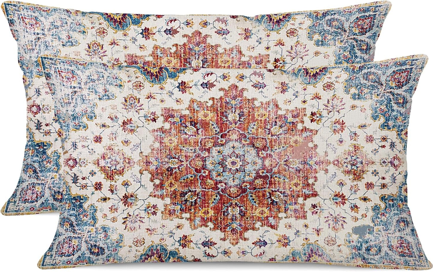Outdoor Waterproof Pillow Set of 2 - 12 X 20 Inch Blue Orange Bohemian Vintage Carpet Pattern Ethnic Design Decorative Farmhouse Pillow Covers for Couch Garden Balcony
