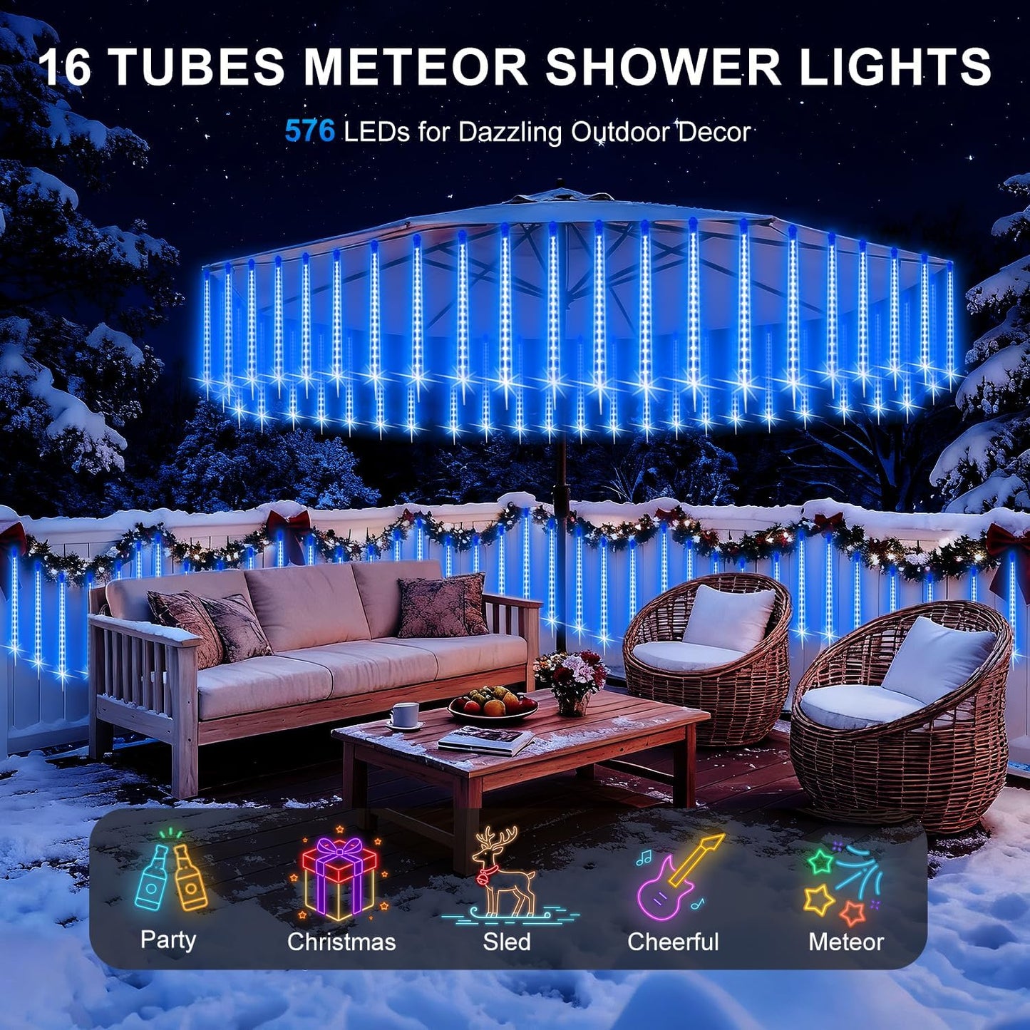 PEMOTech Christmas Lights Outdoor,16 Tubes 40cm 576 LED Meteor Shower Lights, Waterproof Christmas Decorations Icicle Lights for Xmas Tree Halloween Party, Outdoor Christmas Decorations,UL Plug,Blue