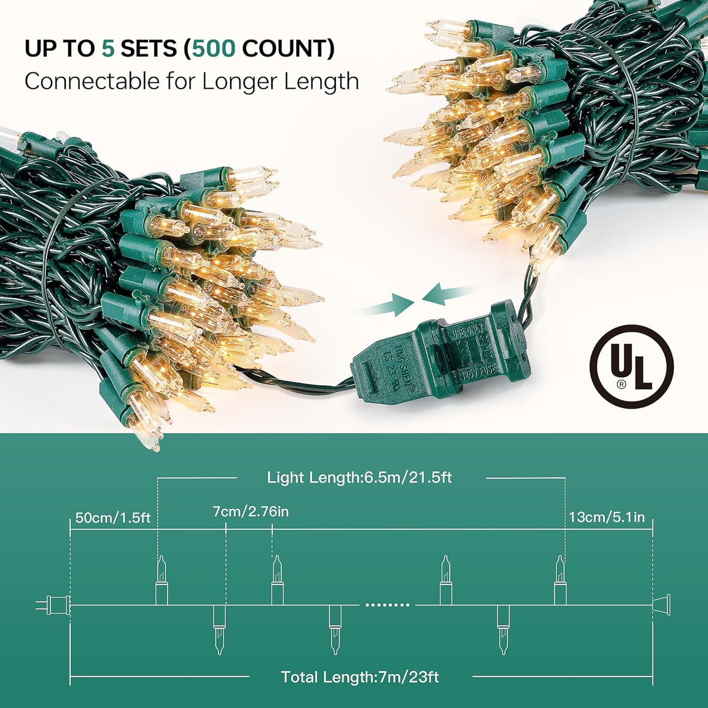 YOUNGAR Christmas Clear Outdoor Lights, 2 Pack 23FT 100 Green Wire Connectable Incandescent Mini UL Approved Tree Light for Xmas Home Patio Holiday Party Garden Decor (Warm White)