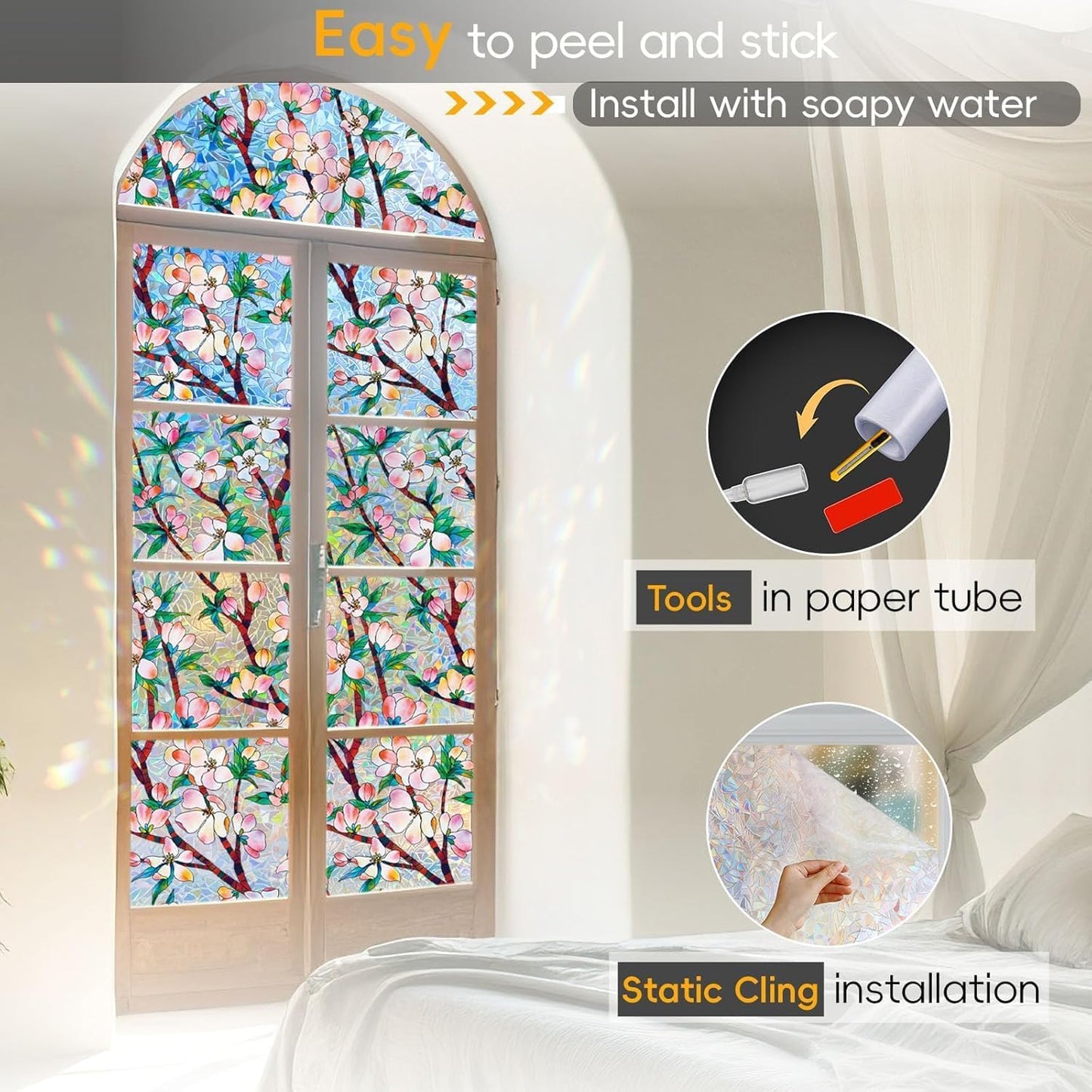 Rainbow Window Privacy Film Decorative, 3D Decals Stained Glass Clings, Static Cling Sticker, Suncatcher Windows Cover Tint for Home, 47.2 Inch x 78.74 Inch