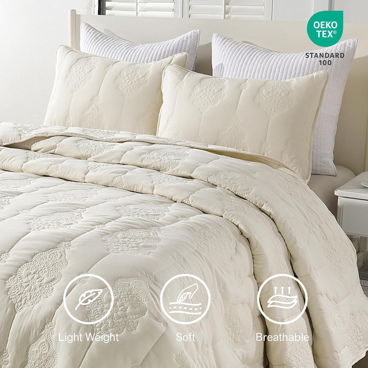 HORIMOTE HOME Ivory Quilt Queen Size Floral Quilt Bedspread Lightweight Soft Pre-Washed Microfiber Bedcover, 3 Pieces Thin Comforter Bed Cover Bedding Set for All Season