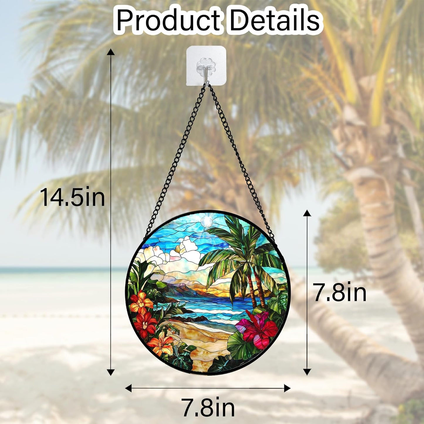 Stained Glass Window Hanging, Blue Beach Scenery Suncatcher Diamond Glass Panel Hangings Sun Catchers Decor for Birthday for Women, Men, Wife, Aunt, and Mom 7.8 in