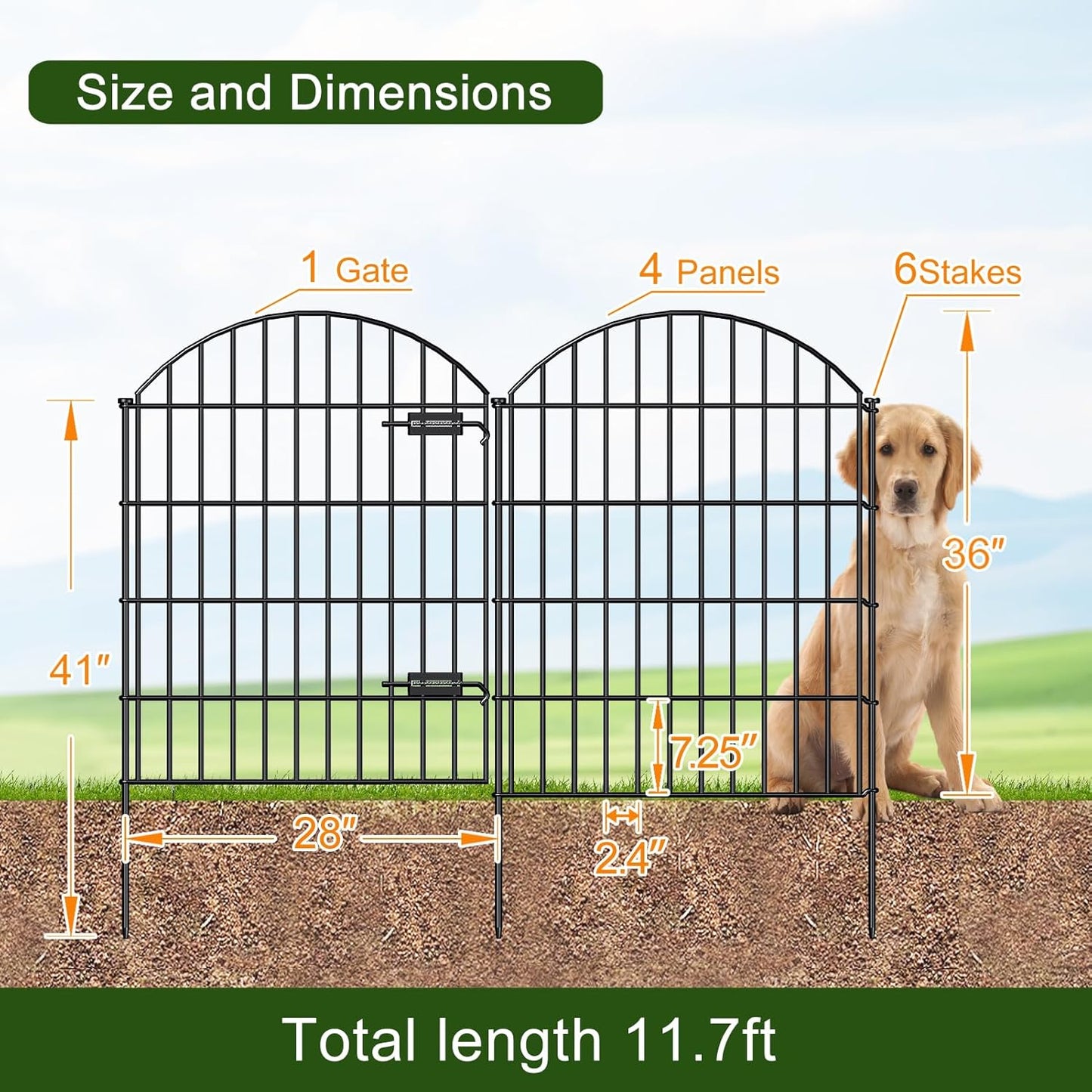 Metal Garden Fence with Gate 36in (H) x 11.7ft (L), 1 Gate+ 4 Panels Dog Fence Border Fence Animal Barrier, No Dig Garden Fencing for Yard Flower Bed Lawn Patio Outdoor, ECG3505, Black