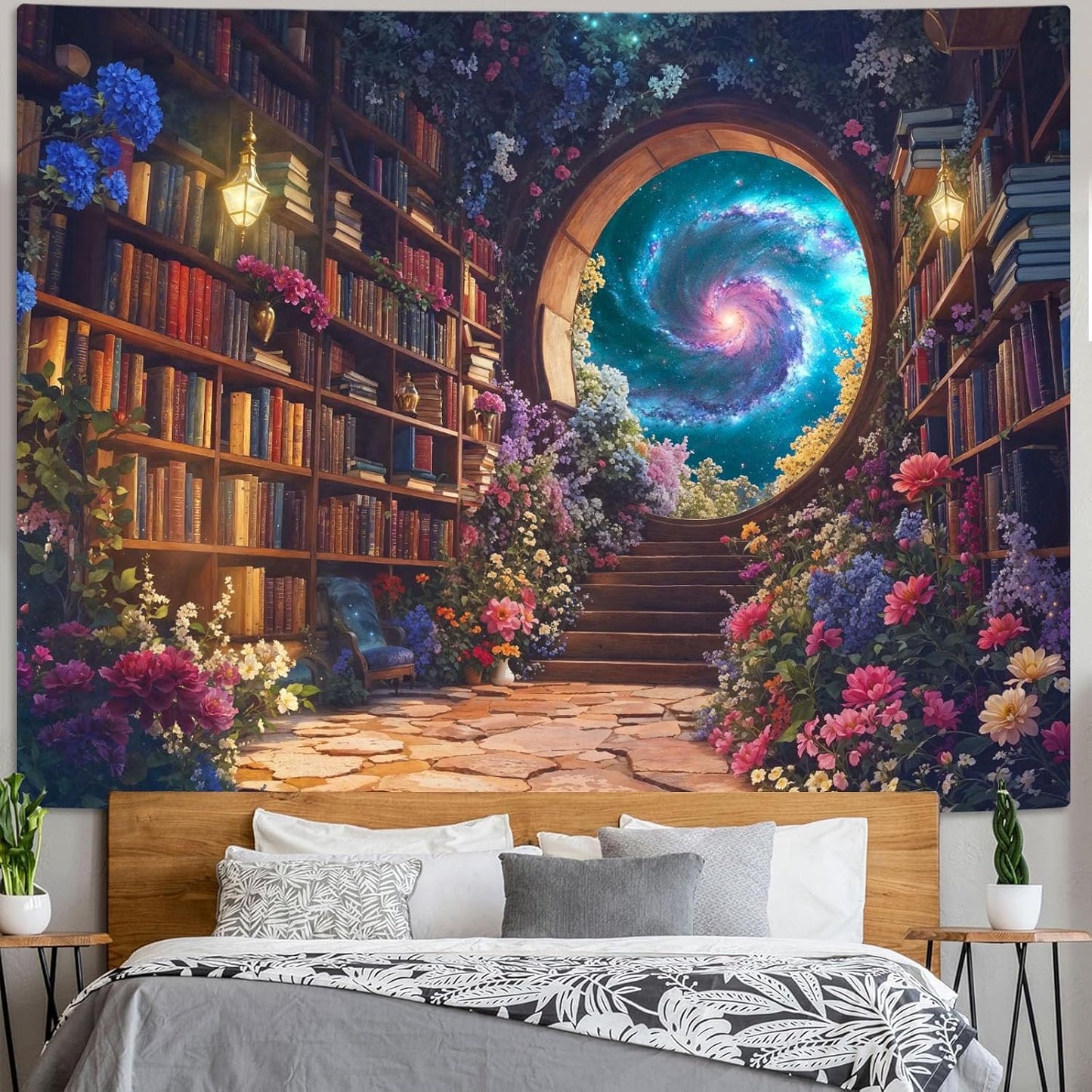 Accnicc Floral Bookshelf Tapestry Fantasy Library Tapestries Wall Hanging Vintage Plant Flower Book Extra Large Tapestry for Bedroom Living Room Dorm 90 x 68 inch