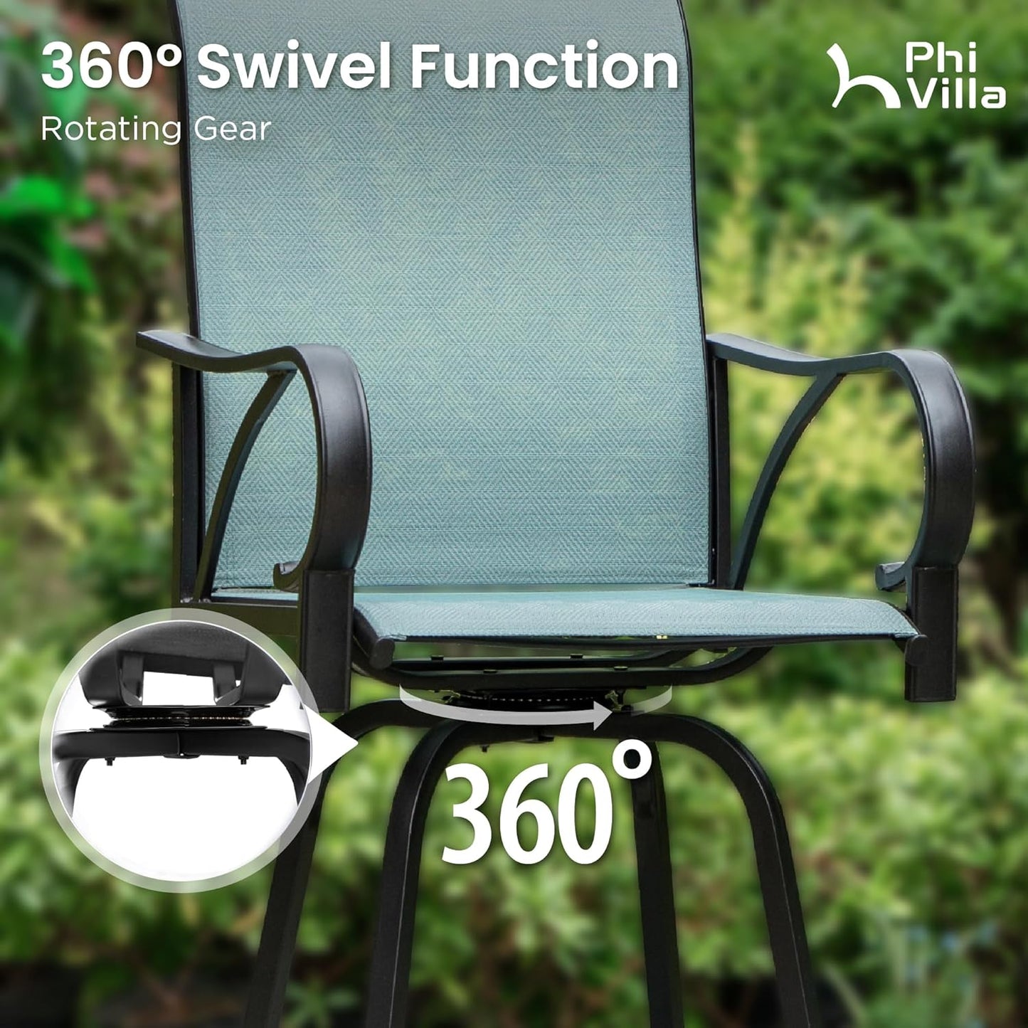 PHI VILLA 7 Piece Outdoor Bar Dining Set, High Top Patio Table and Chairs with 6 Swivel Teal Bar Stools & 40" Rectangle Metal Bar Table for Garden, Yard and Deck