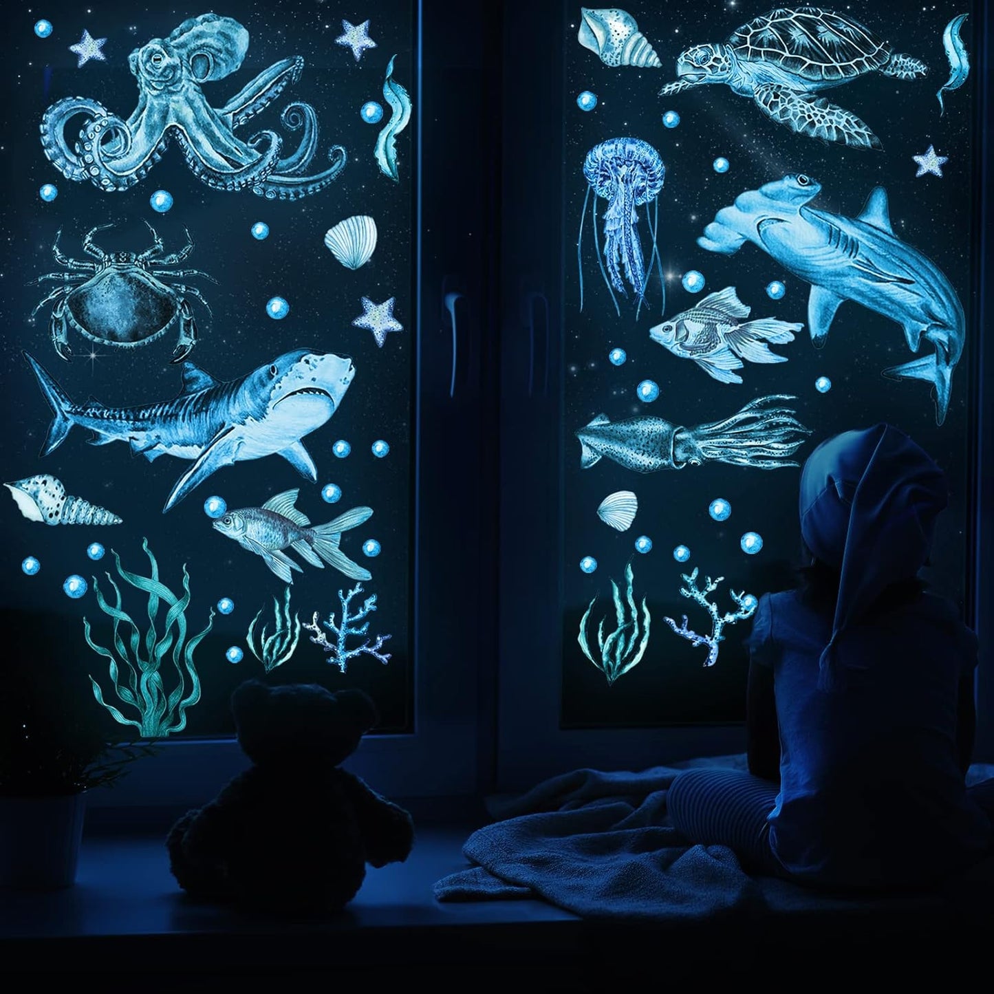 Sabary 4 Pieces Glow in The Dark Ocean Wall Decals Under The Sea Wall Decals Fish Stickers PVC Sea Animals Stickers for Room Living Room Nursery Bathroom Decoration