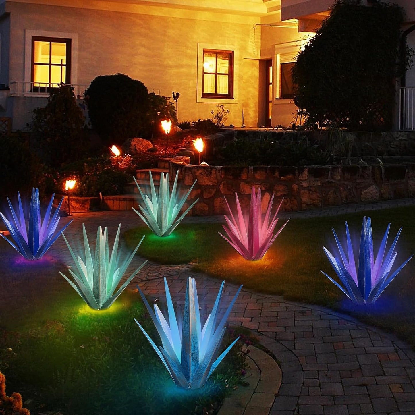 Large Tequila Rustic Sculpture, Rustic Metal Agave Plants for Outdoor Patio Yard, Home Decor Hand Painted Metal Agave Garden Yard Statue, Outdoor Lawn Ornaments (Rose Red - L (W/Solar Light))