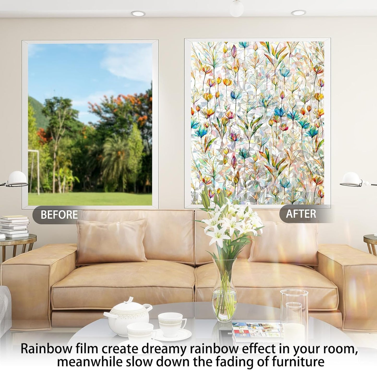 Rainbow Window Privacy Film 3D Floral Decorative Stained Glass Window Film Anti UV Non-Adhesive Reusable 23.6" x 157.4" for Home Room Car Glass Cling