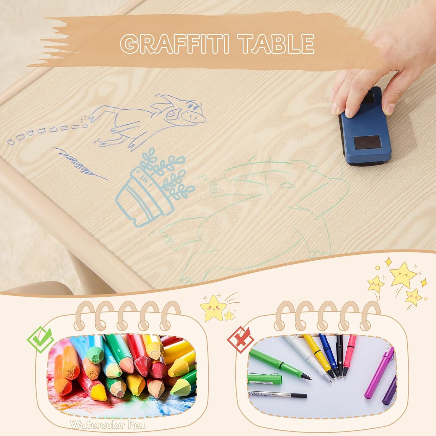 Height-Adjustable Kids Table and Chairs, 31.5''L x 23.6''W Toddler Table and 4 Chairs Set with Anti-Slip Foot Covers, Children Activity Table for Ages 2-10, Graffiti Desktop