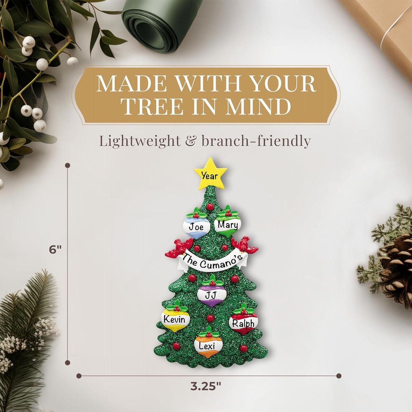 Personalized Family of 6 Ornament 2025 | Free 24h Customization | Christmas Ornaments for Tree | Custom Gift Wrapped Green Glitter Keepsake for Six Persons