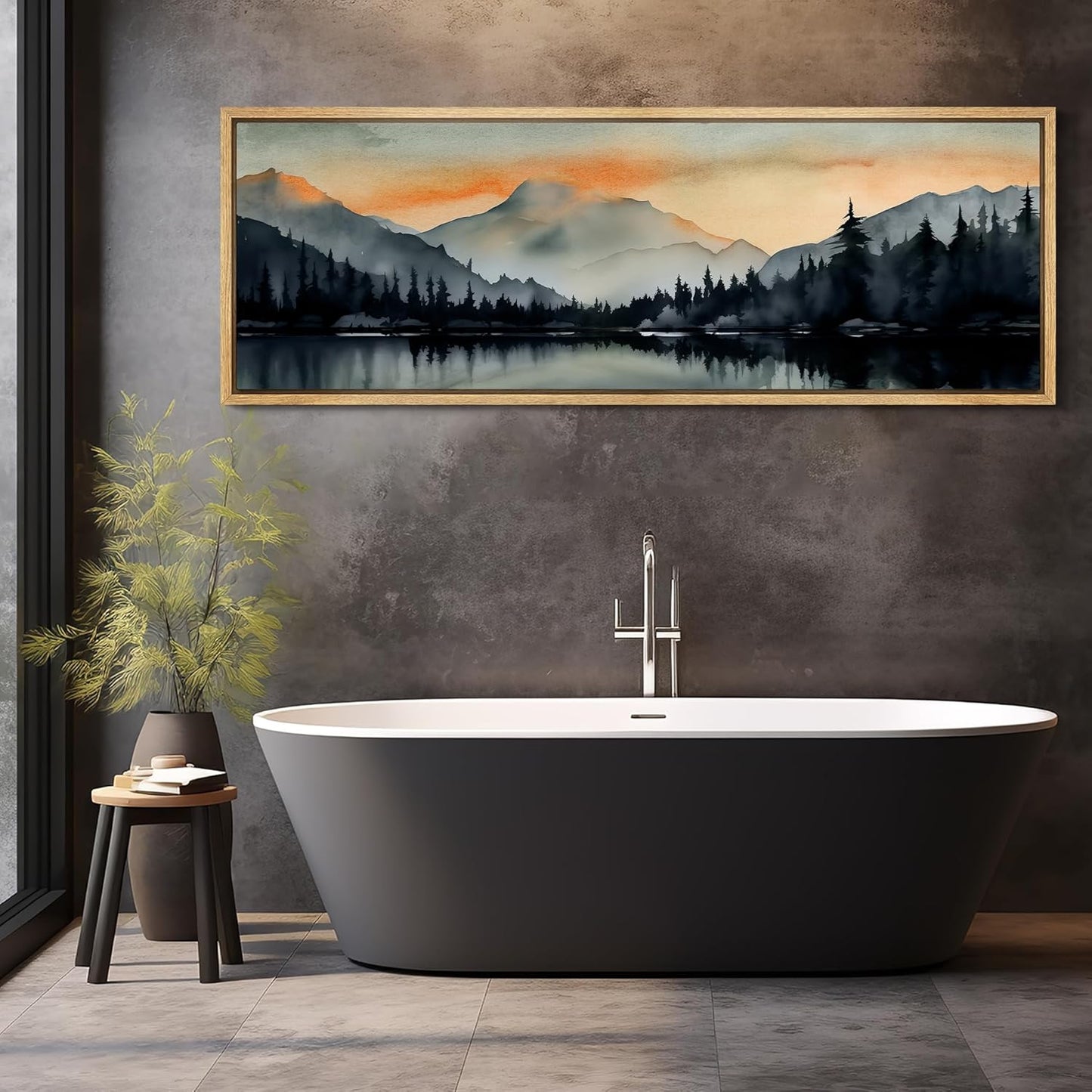 MUDECOR Large Framed Canvas Print Wall Art Sunset Mountain Range and Lake Panoramic Antique Retro Fine Art Illustrations Decorative Colorful for Bedroom - 60"x20"